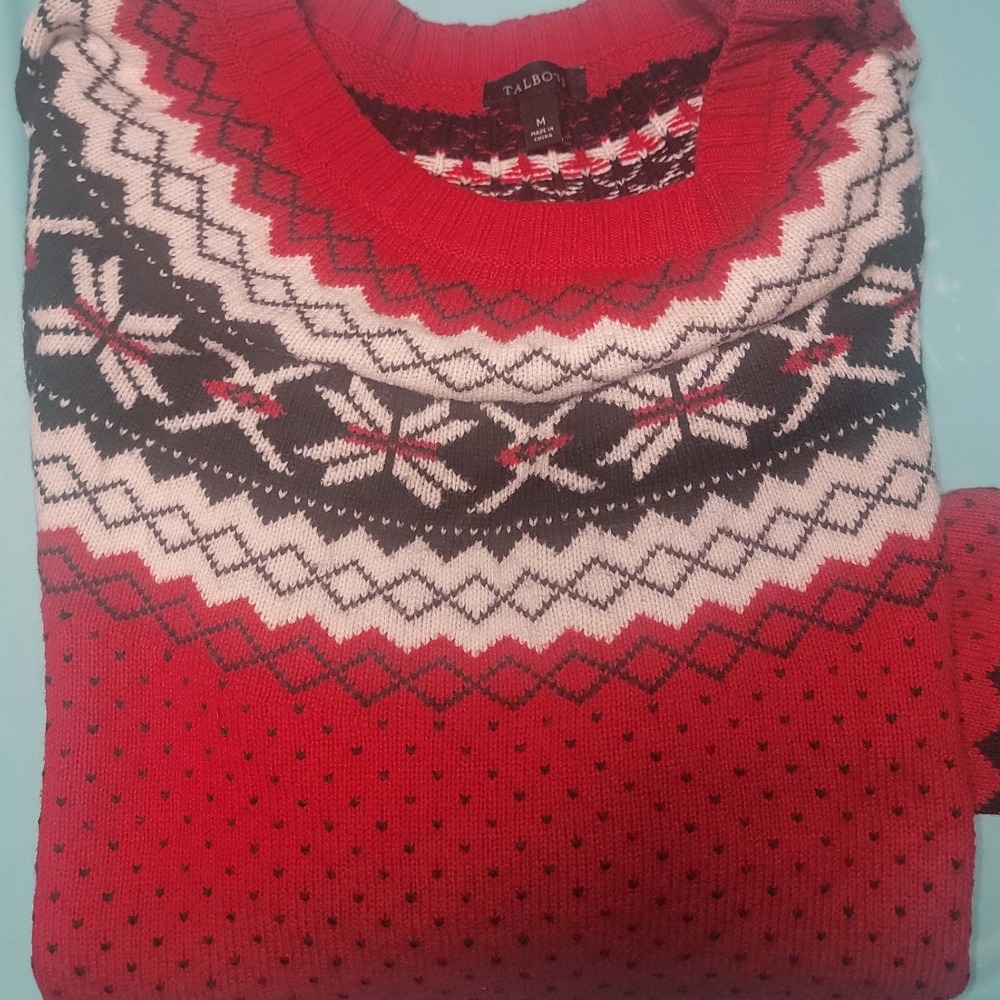 Talbots Red Fair Isle Snowflake Crewneck Sweater Womens Medium Cotton Merino - Picture 5 of 6
